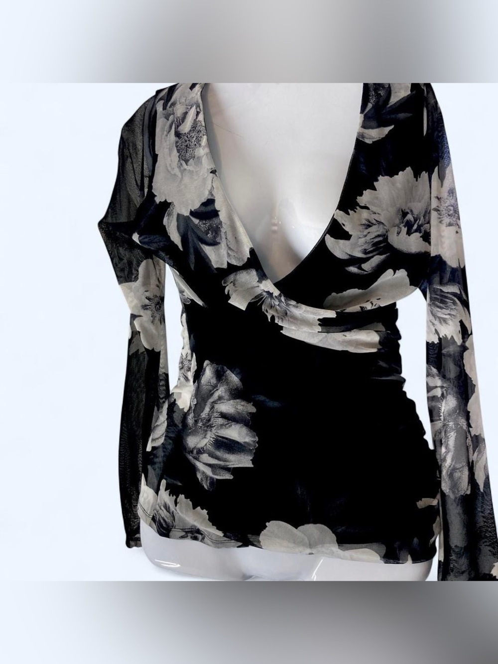INC International Concepts black floral wrap top w cowl neck & long sleeves M
